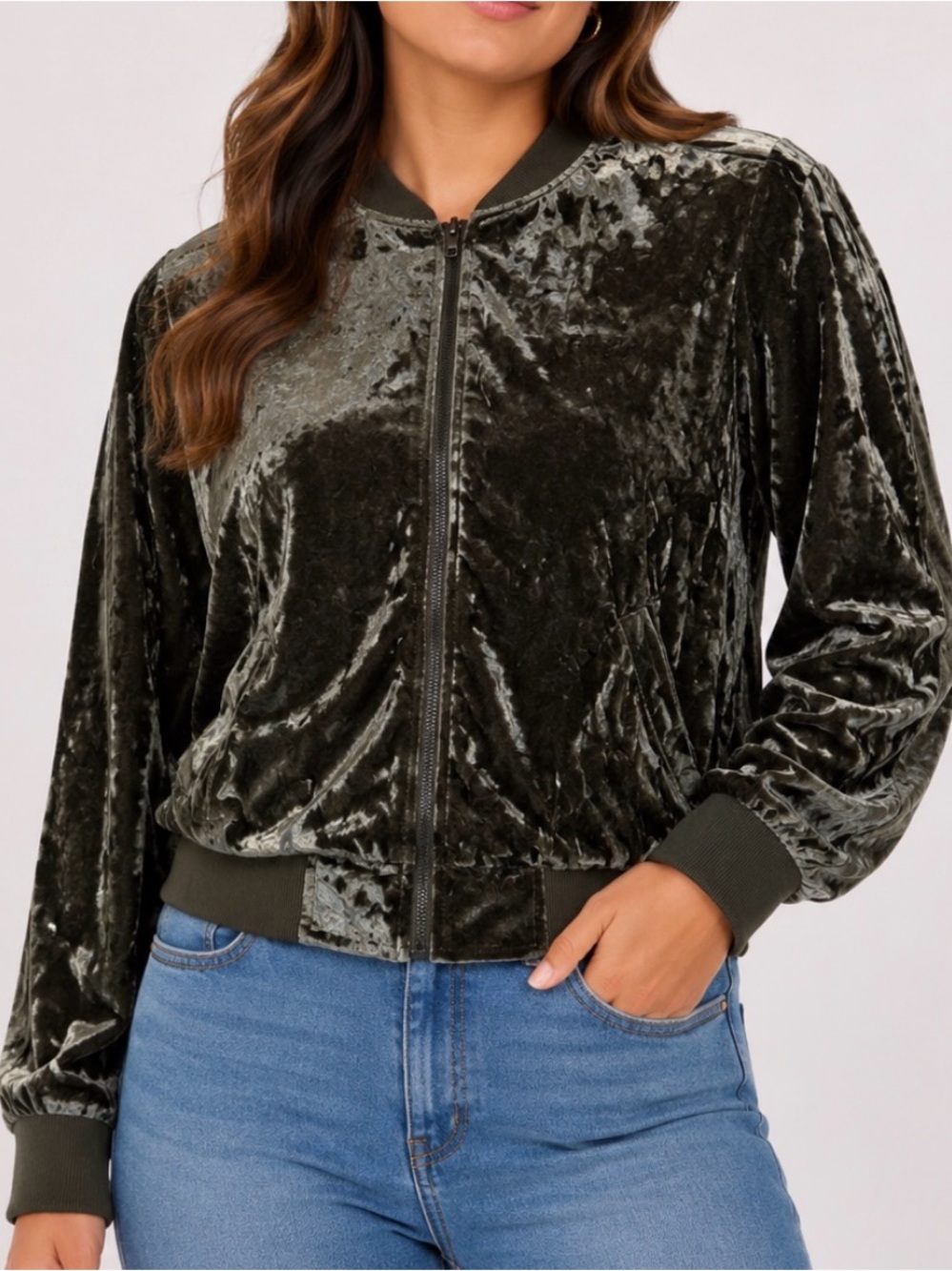 Kori Crushed Velvet velour Bomber Jacket Dark Olive full zip up SZ LG